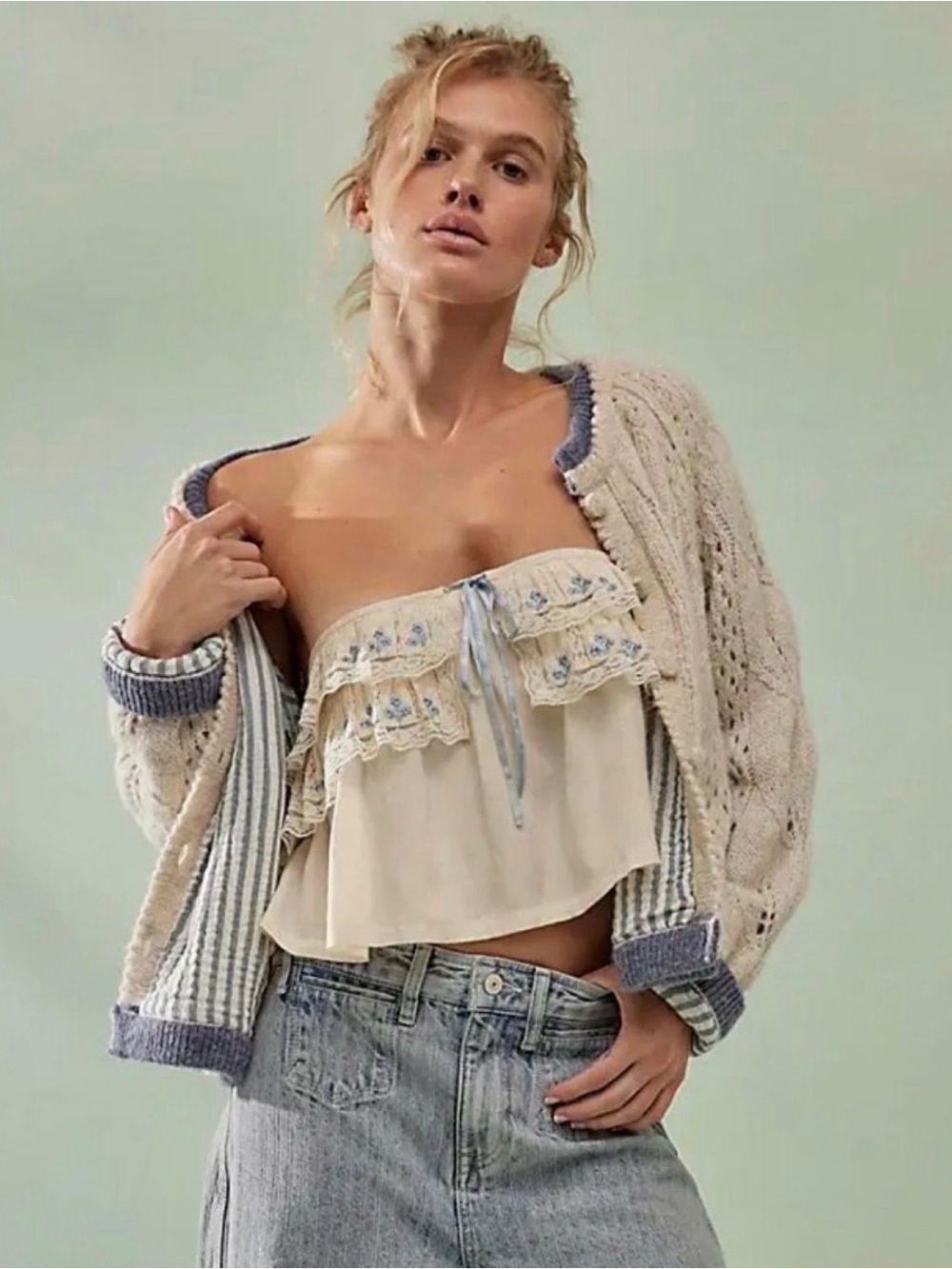 Free People Ivory Blue Floral Lace Ruffle Strapless Top NWT Size M - Picture 1 of 4